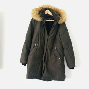 Sam Edelman Olive Green Hooded Down & Feather Fill Parka Faux Fur Trim Sz L